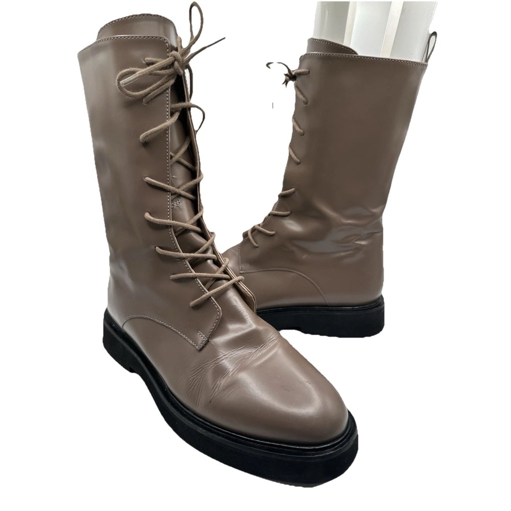 Anthropologie Pilcro Boots Stompy Genuine Patent Leather Lace Up Taupe 39 Combat - Picture 3 of 12